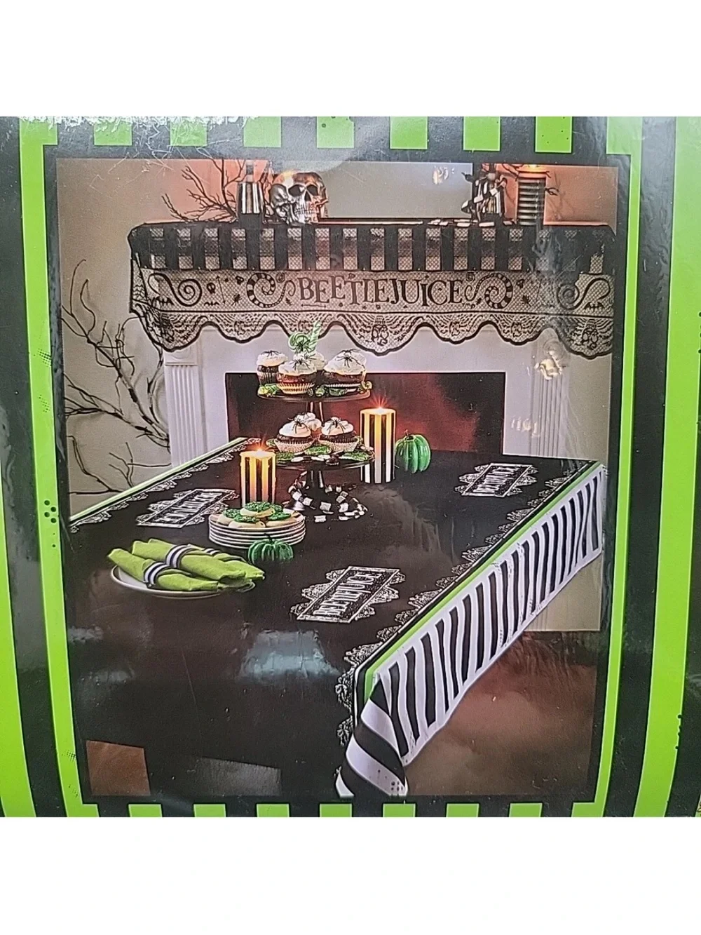 Beetlejuice Green & Black Striped Halloween Tablecloth